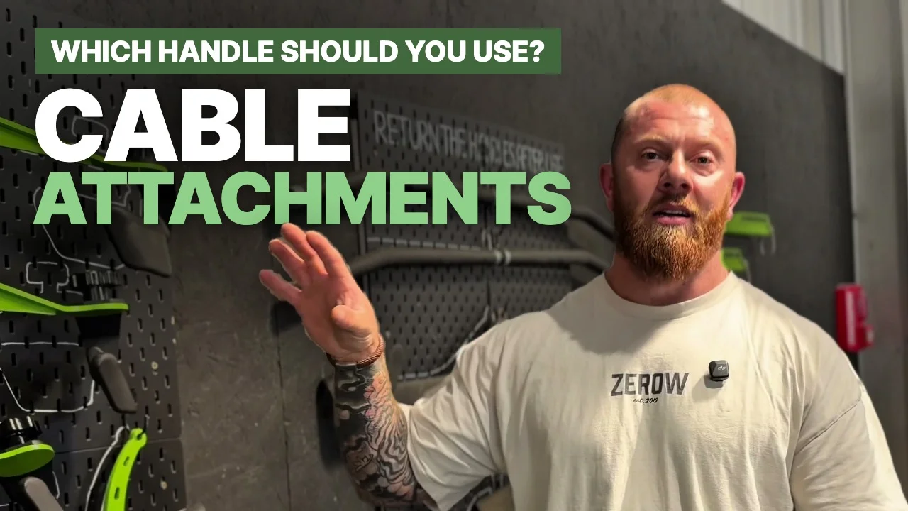 Jordan Helyer in front of the cable attachment boards with the text Cable Attachments, which handle should you use