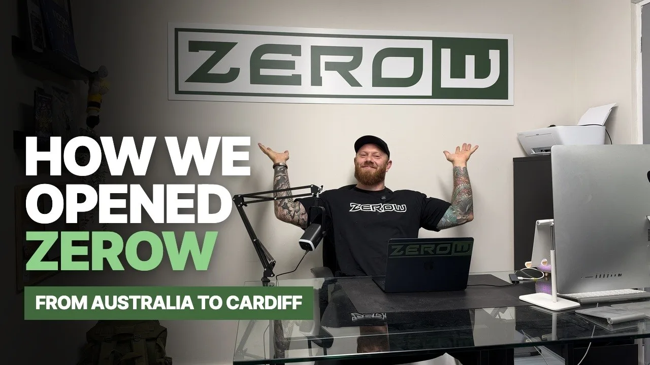 Jordan Helyer at his desk under the ZeroW sign with the text How we opened ZeroW, from Australia to Cardiff