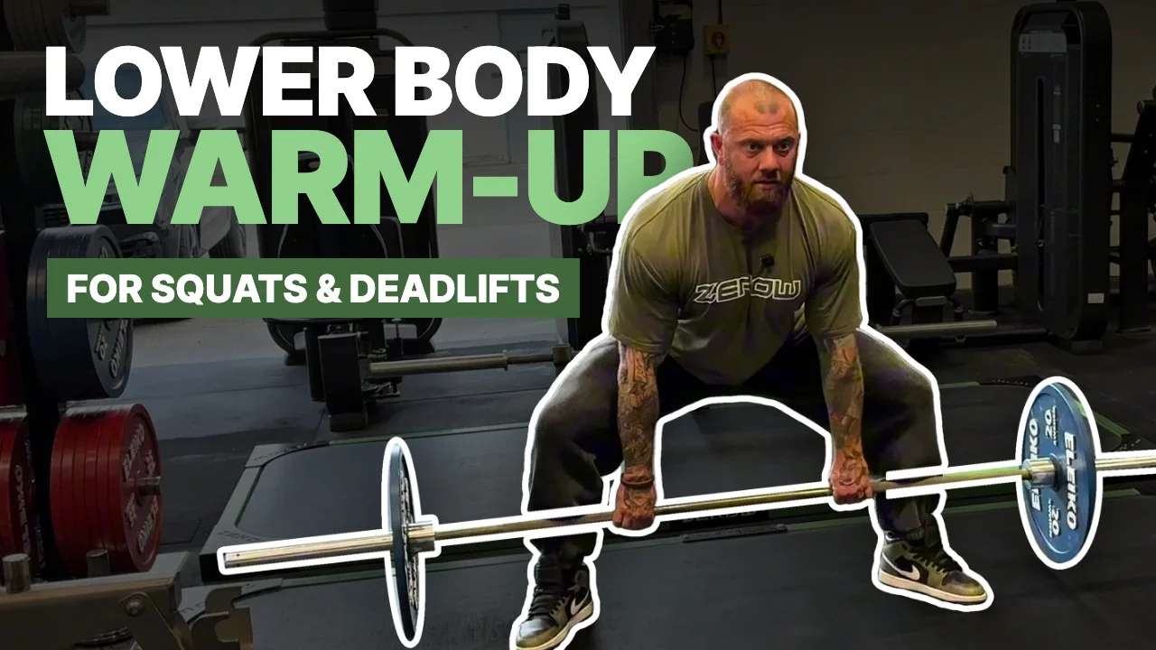 Jordan Helyer set up for a sumo deadlift with the text Lower Body Warm-Up for squats and deadlifts