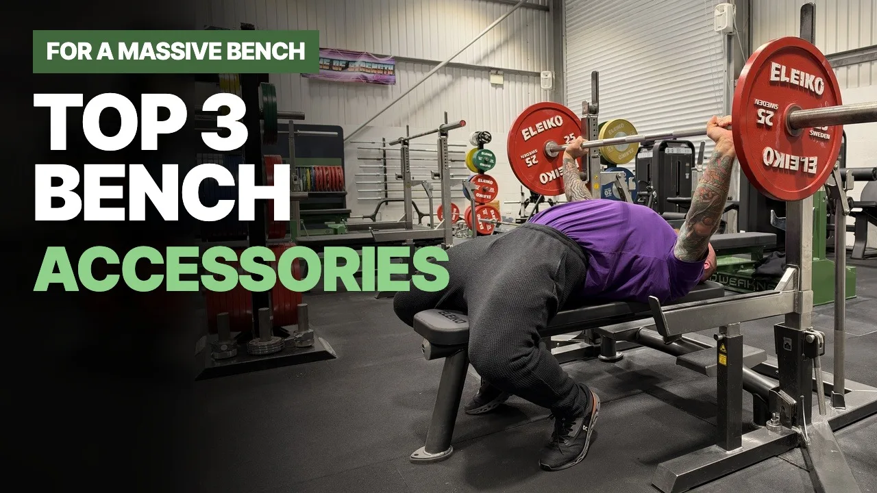 Jordan Helyer in a bench press arch with Eleiko plates and the text Top 3 Bench Accessories, for a massive bench